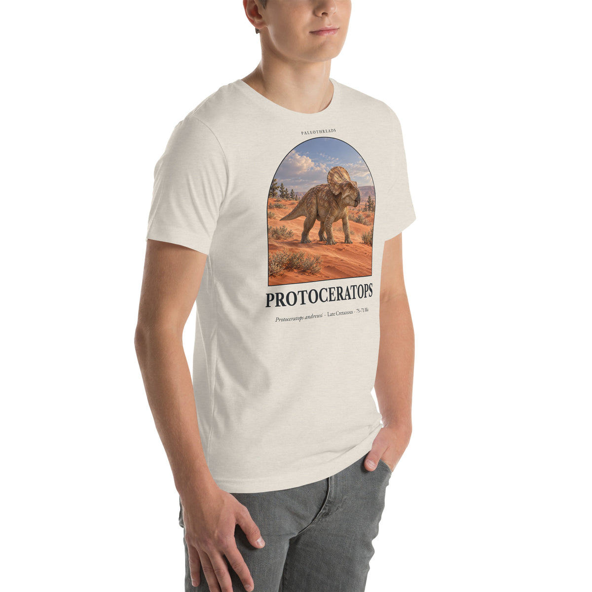 Protoceratops T-shirt in Heather Dust, right front view — Deep Time Atlas Plate 060, PaleoThreads