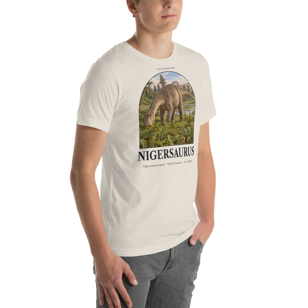 Nigersaurus T-shirt in Heather Dust, right front view — Deep Time Atlas Plate 056, PaleoThreads