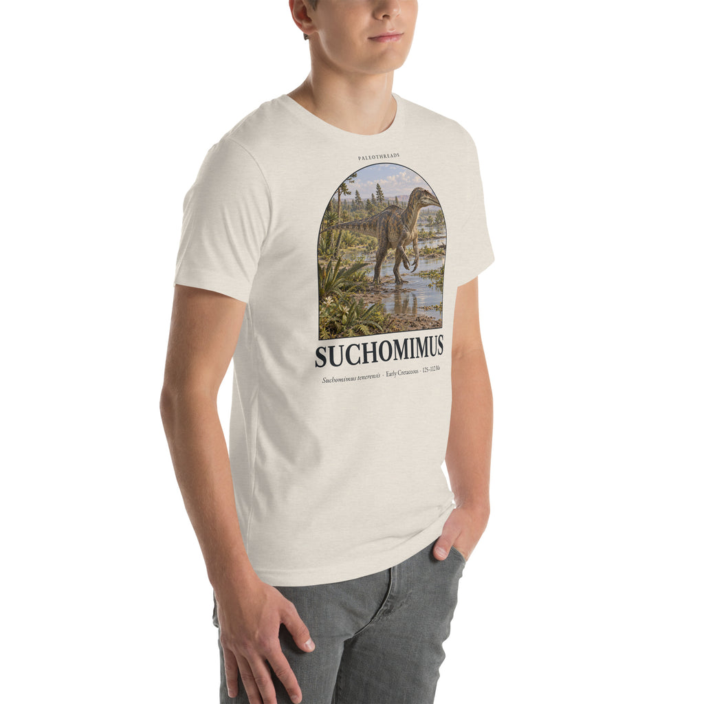Suchomimus T-shirt in Heather Dust, right front view — Deep Time Atlas Plate 032, PaleoThreads