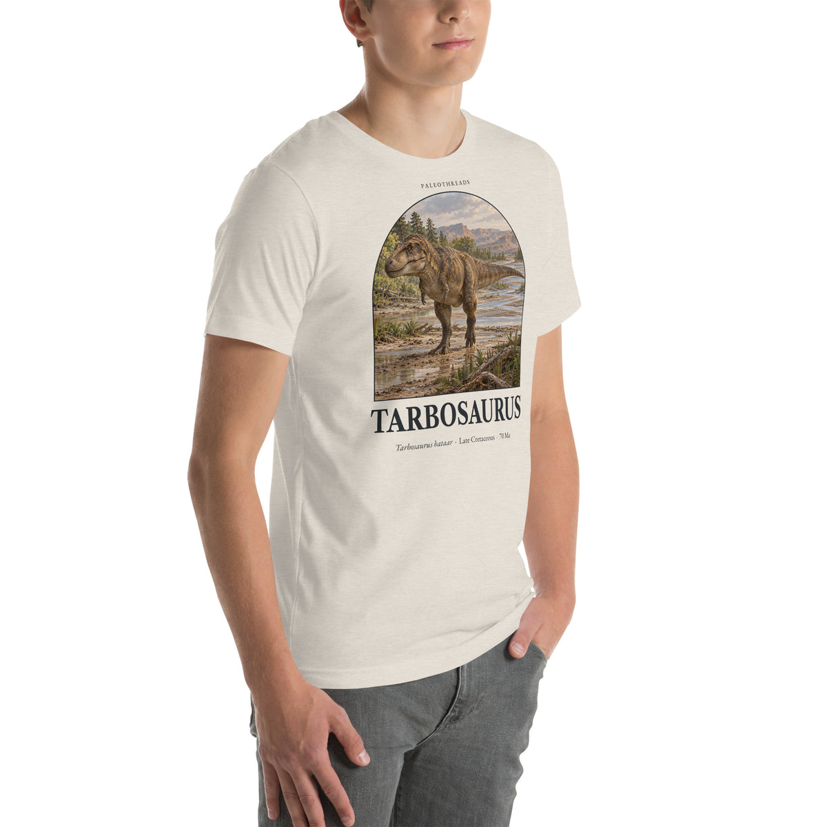 Tarbosaurus T-shirt in Heather Dust, right front view — Deep Time Atlas Plate 024, PaleoThreads