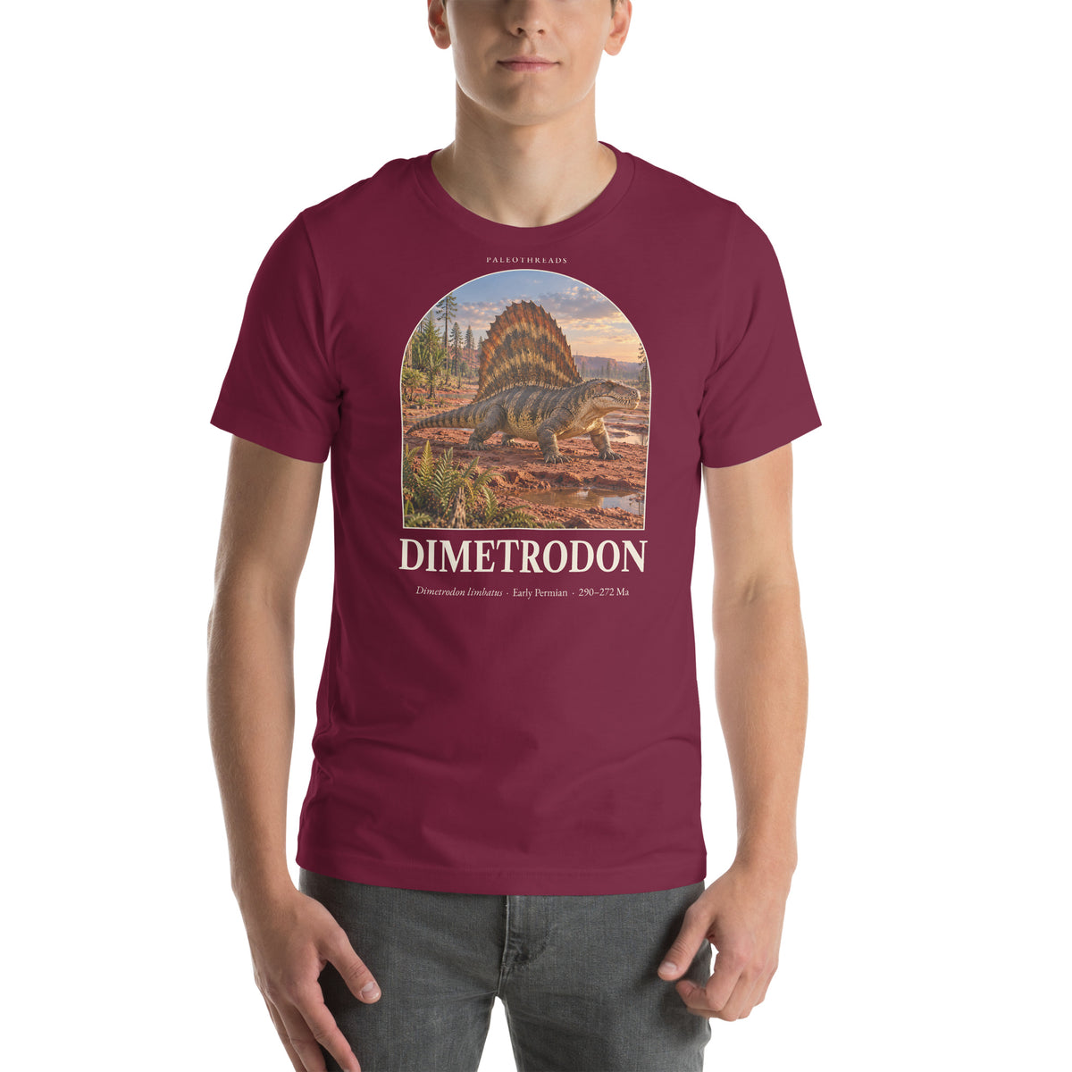 Dimetrodon T-shirt in Maroon — Deep Time Atlas Plate 133, PaleoThreads