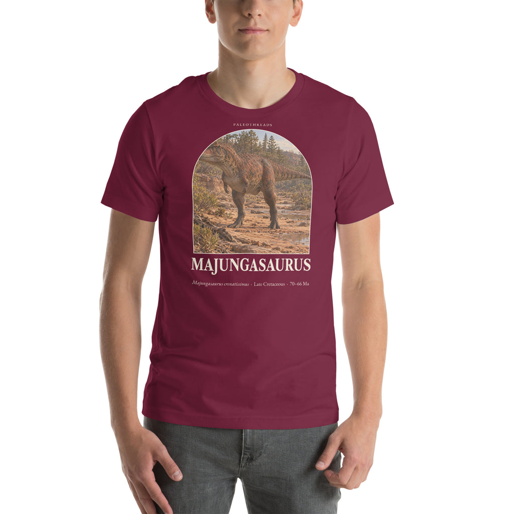 Majungasaurus T-shirt in Maroon — Deep Time Atlas Plate 039, PaleoThreads
