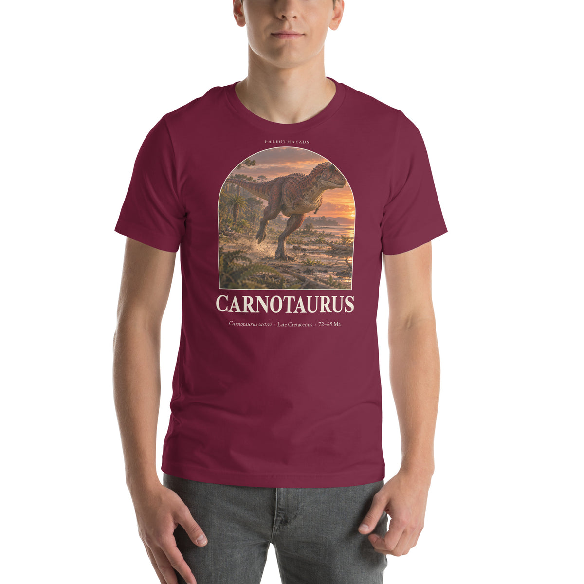 Carnotaurus T-shirt in Maroon — Deep Time Atlas Plate 014, PaleoThreads