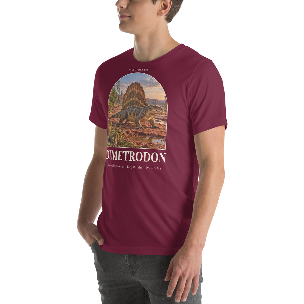 Dimetrodon T-shirt in Maroon, left front view — Deep Time Atlas Plate 133, PaleoThreads