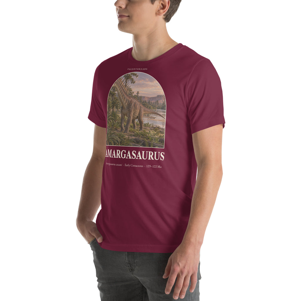Amargasaurus T-shirt in Maroon, left front view — Deep Time Atlas Plate 053, PaleoThreads