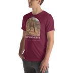 Majungasaurus T-shirt in Maroon, left front view — Deep Time Atlas Plate 039, PaleoThreads