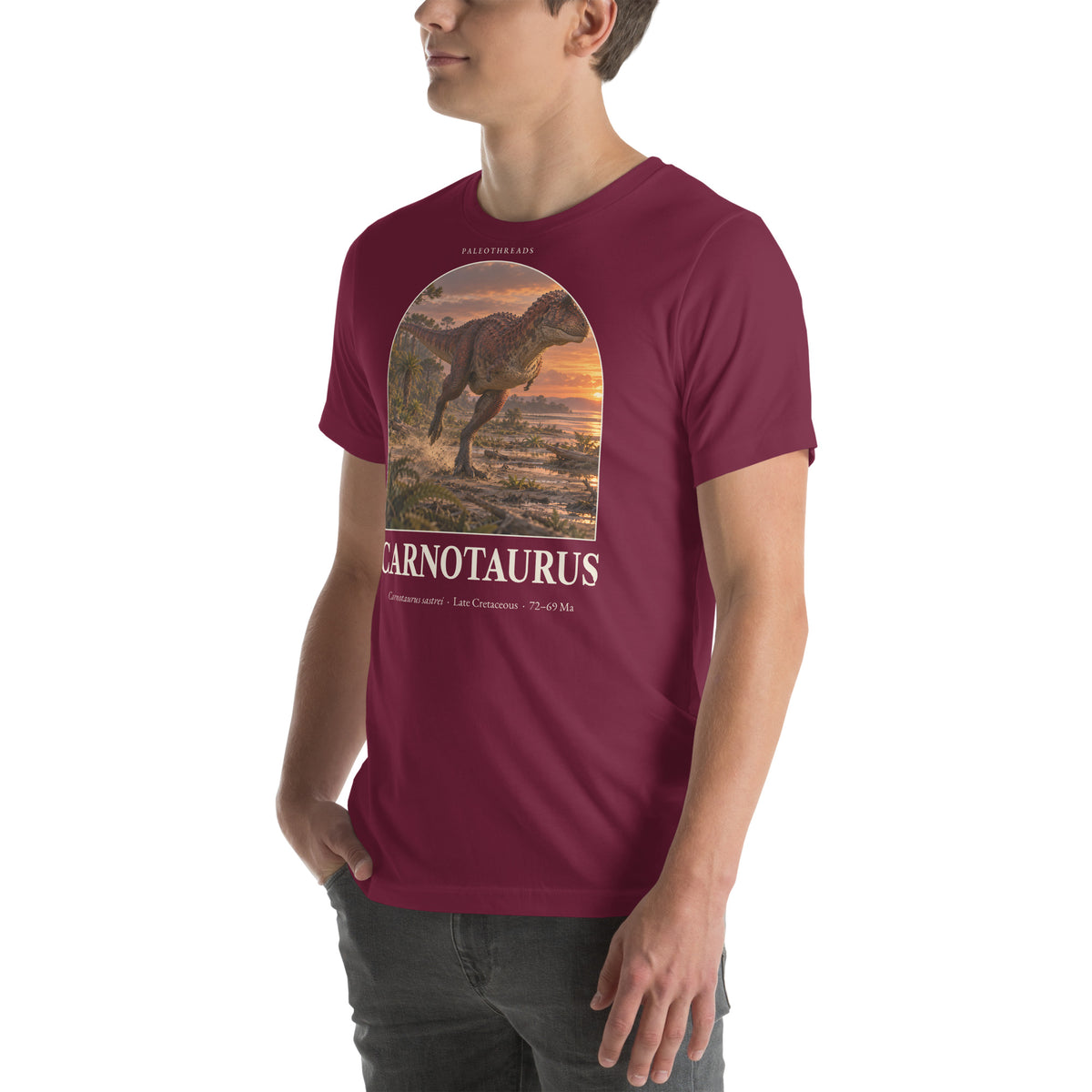 Carnotaurus T-shirt in Maroon, left front view — Deep Time Atlas Plate 014, PaleoThreads