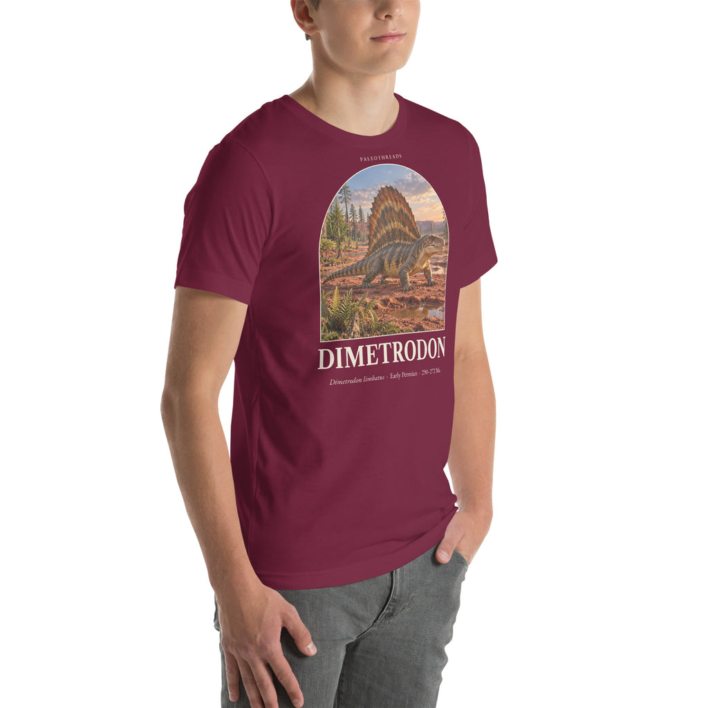 Dimetrodon T-shirt in Maroon, right front view — Deep Time Atlas Plate 133, PaleoThreads
