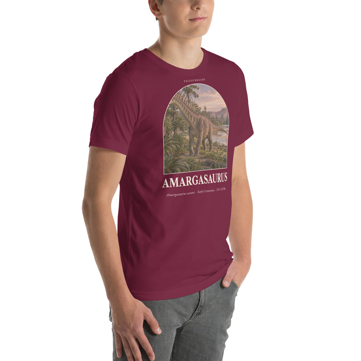 Amargasaurus T-shirt in Maroon, right front view — Deep Time Atlas Plate 053, PaleoThreads