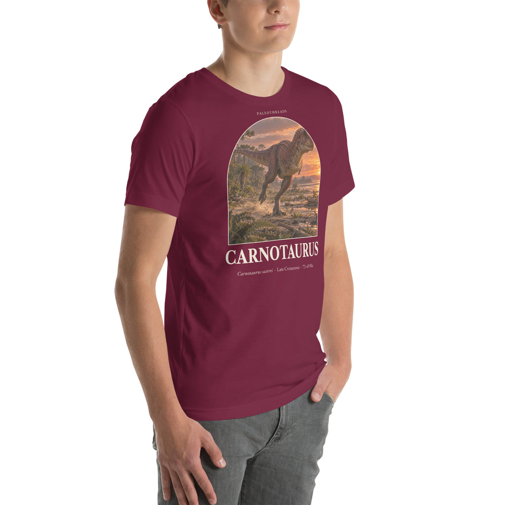 Carnotaurus T-shirt in Maroon, right front view — Deep Time Atlas Plate 014, PaleoThreads