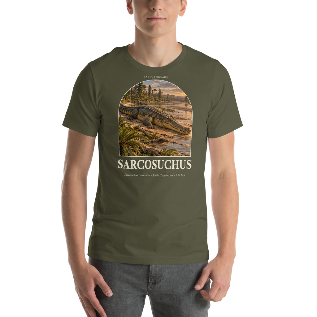 Sarcosuchus T-shirt in Military Green — Deep Time Atlas Plate 124, PaleoThreads