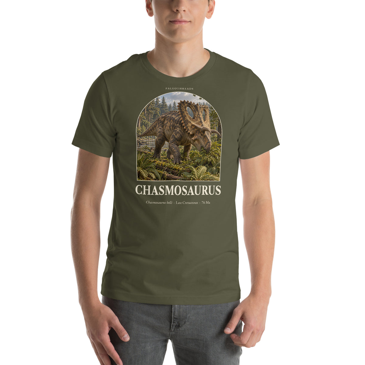 Chasmosaurus T-shirt in Military Green — Deep Time Atlas Plate 063, PaleoThreads