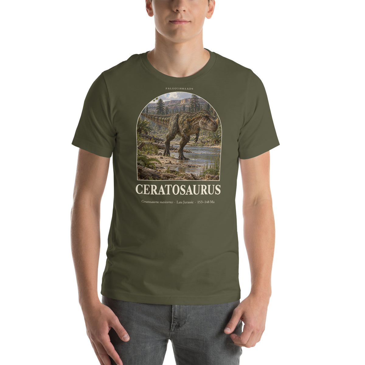 Ceratosaurus T-shirt in Military Green — Deep Time Atlas Plate 020, PaleoThreads