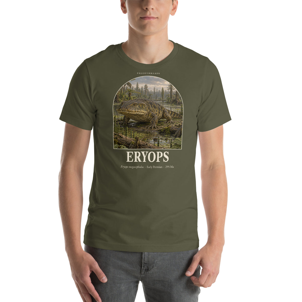Eryops T-shirt in Military Green — Deep Time Atlas Plate 146, PaleoThreads