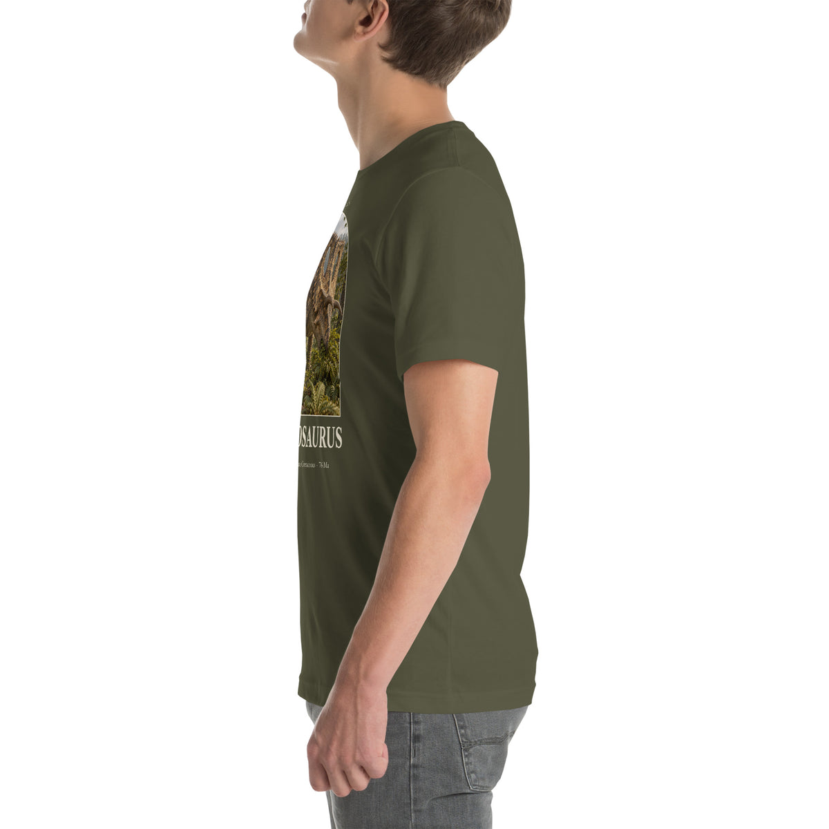Chasmosaurus T-shirt in Military Green, left view — Deep Time Atlas Plate 063, PaleoThreads