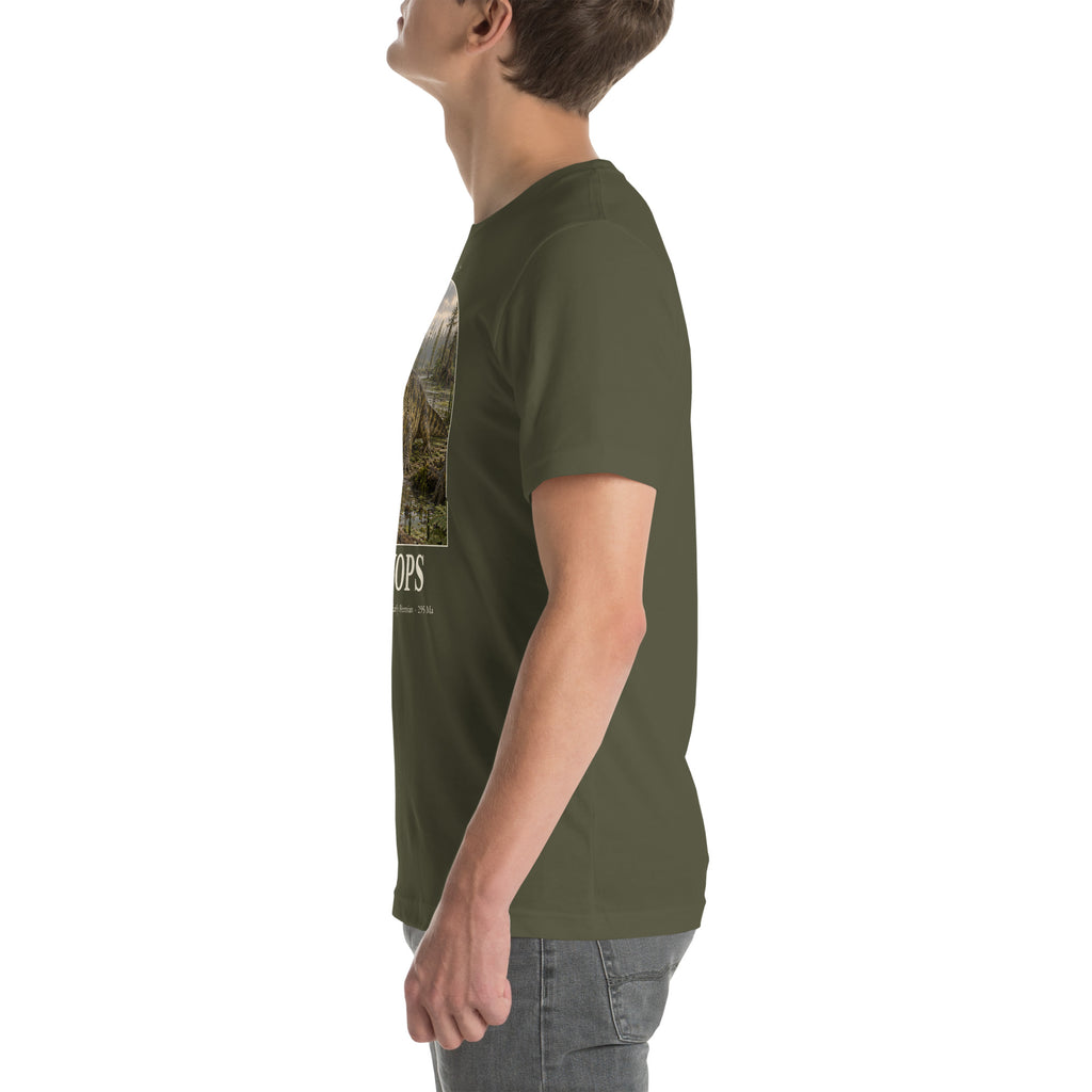 Eryops T-shirt in Military Green, left view — Deep Time Atlas Plate 146, PaleoThreads