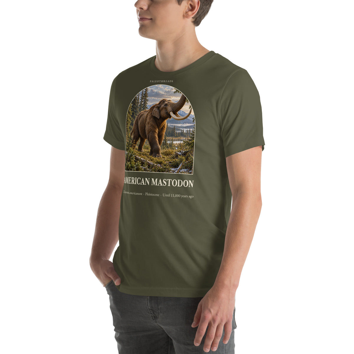 American mastodon T-shirt in Military Green, left front view — Deep Time Atlas Plate 168, PaleoThreads