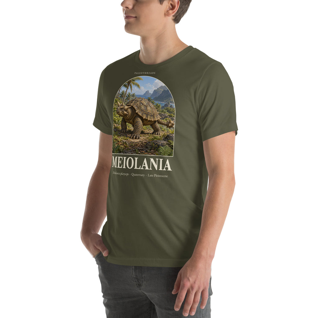 Meiolania T-shirt in Military Green, left front view — Deep Time Atlas Plate 131, PaleoThreads