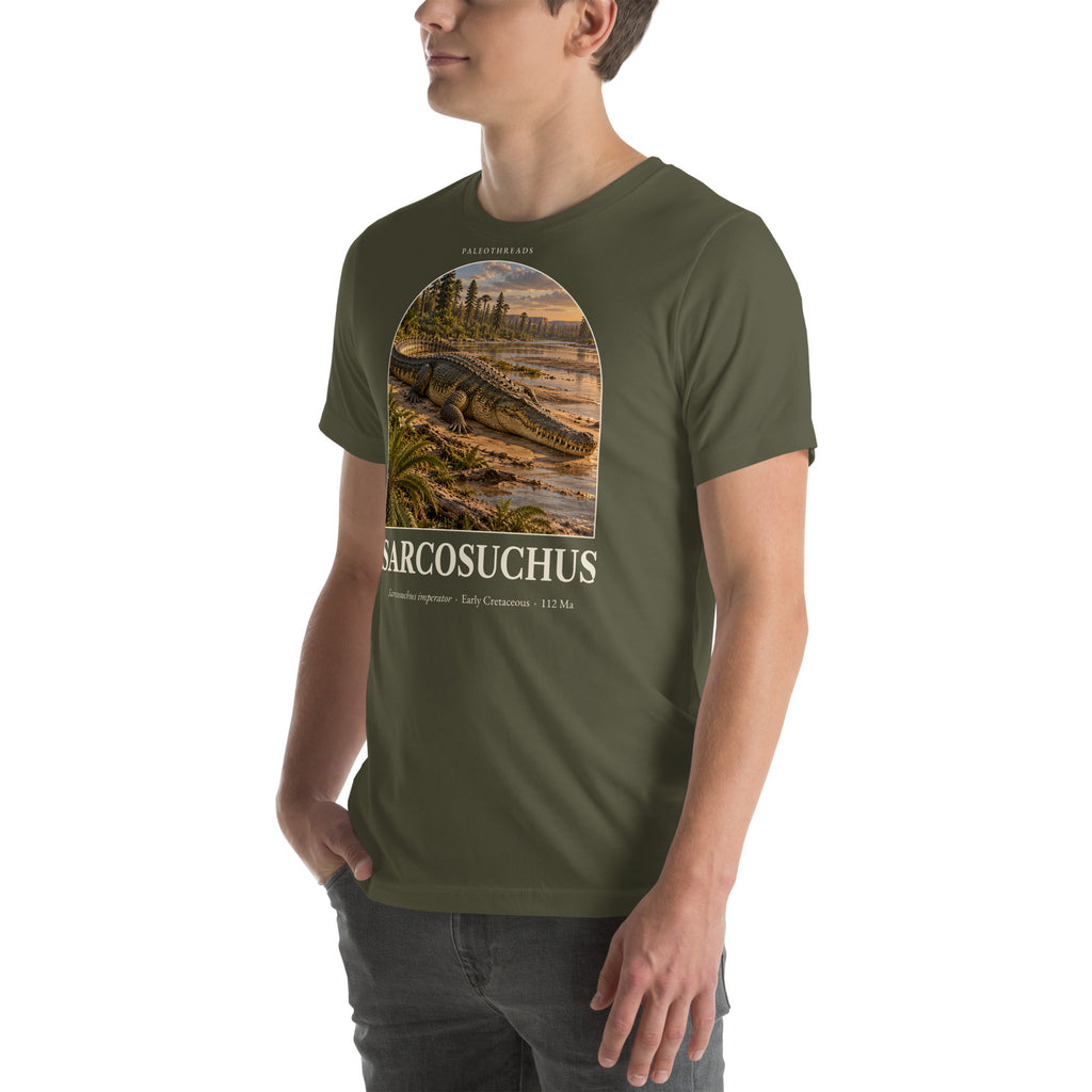 Sarcosuchus T-shirt in Military Green, left front view — Deep Time Atlas Plate 124, PaleoThreads