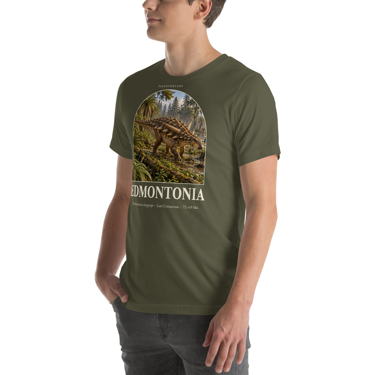 Edmontonia T-shirt in Military Green, left front view — Deep Time Atlas Plate 090, PaleoThreads