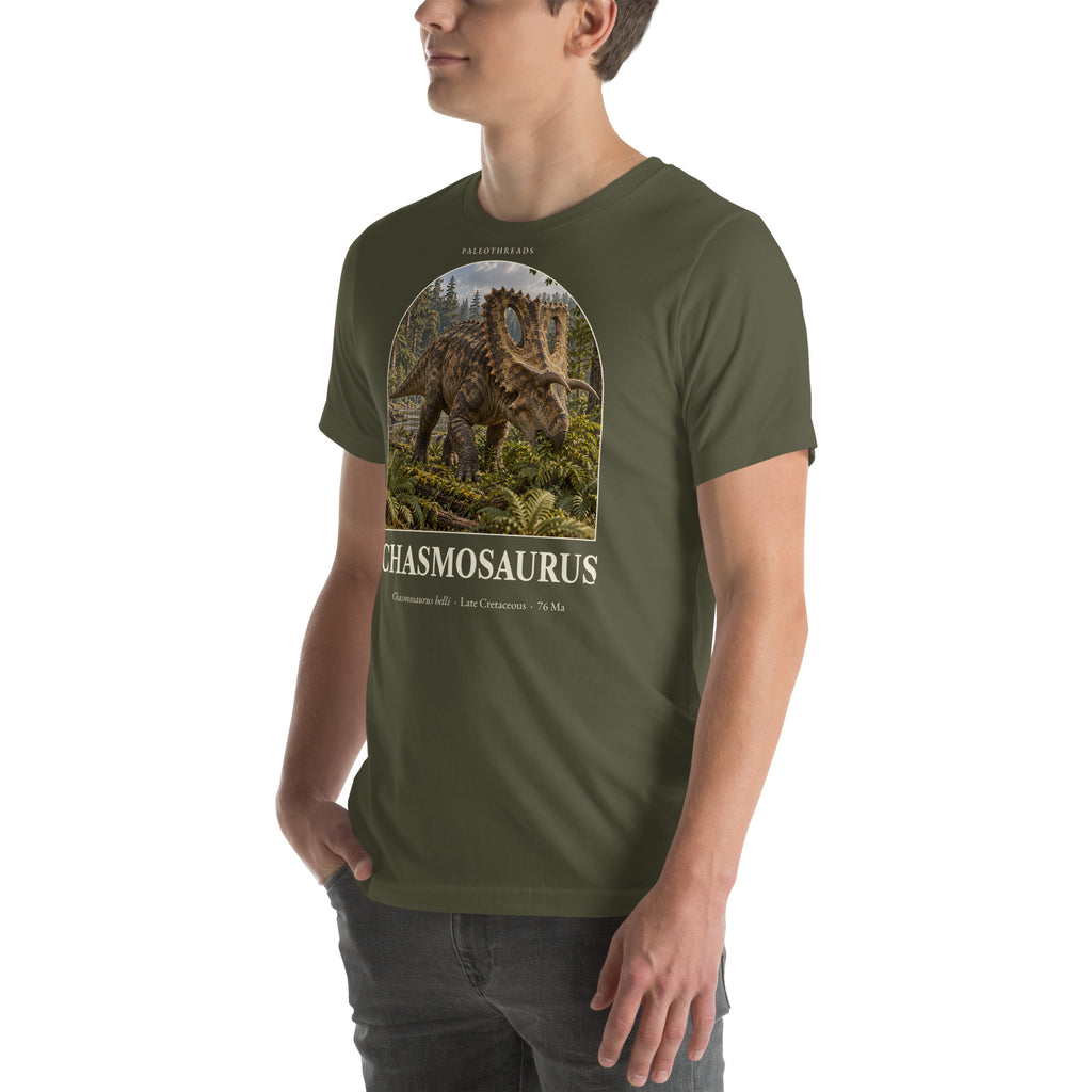 Chasmosaurus T-shirt in Military Green, left front view — Deep Time Atlas Plate 063, PaleoThreads