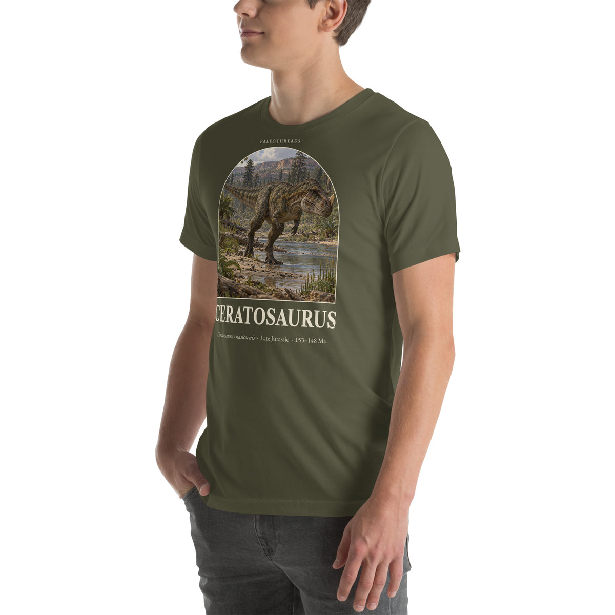 Ceratosaurus T-shirt in Military Green, left front view — Deep Time Atlas Plate 020, PaleoThreads
