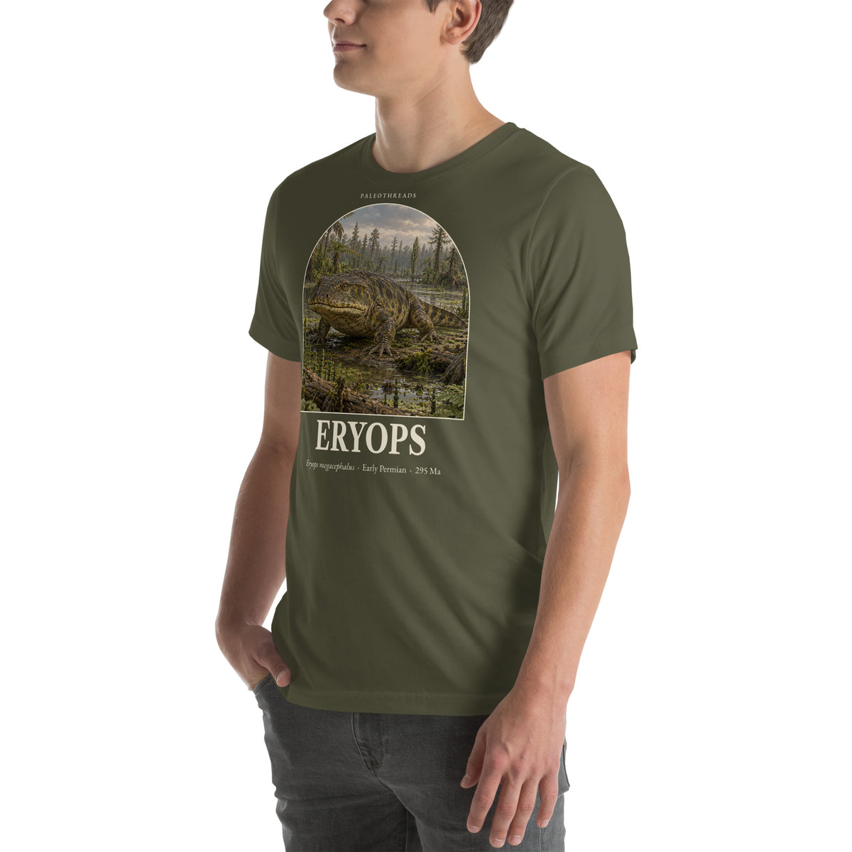 Eryops T-shirt in Military Green, left front view — Deep Time Atlas Plate 146, PaleoThreads