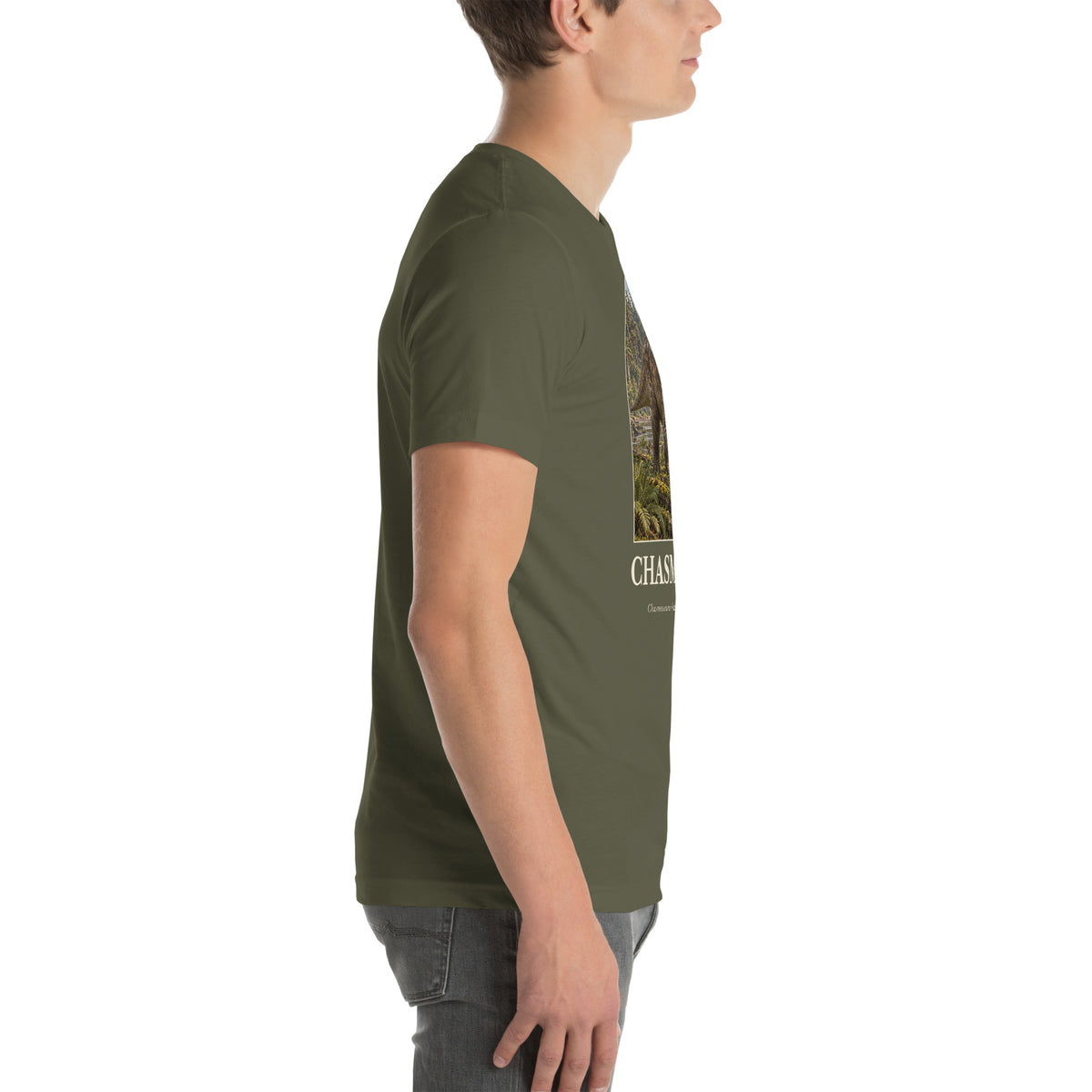 Chasmosaurus T-shirt in Military Green, right view — Deep Time Atlas Plate 063, PaleoThreads