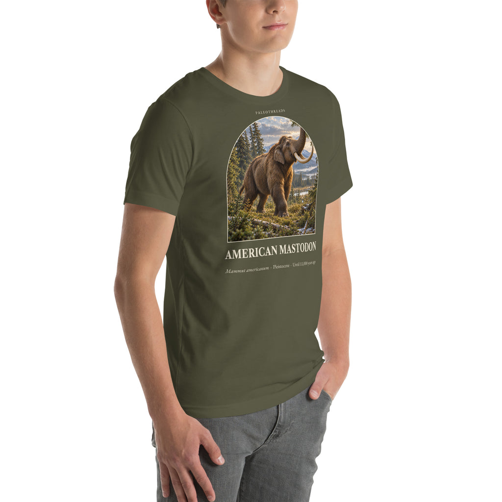 American mastodon T-shirt in Military Green, right front view — Deep Time Atlas Plate 168, PaleoThreads