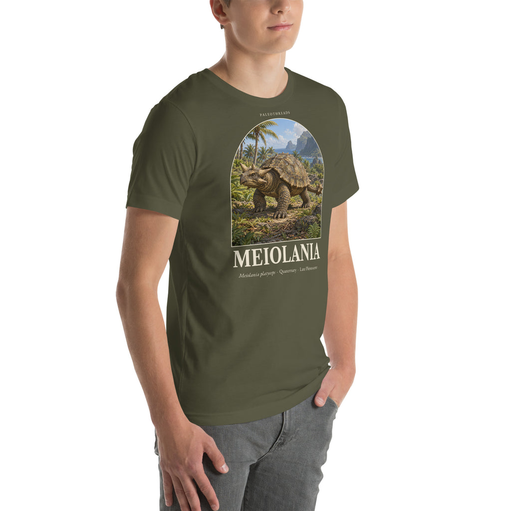 Meiolania T-shirt in Military Green, right front view — Deep Time Atlas Plate 131, PaleoThreads