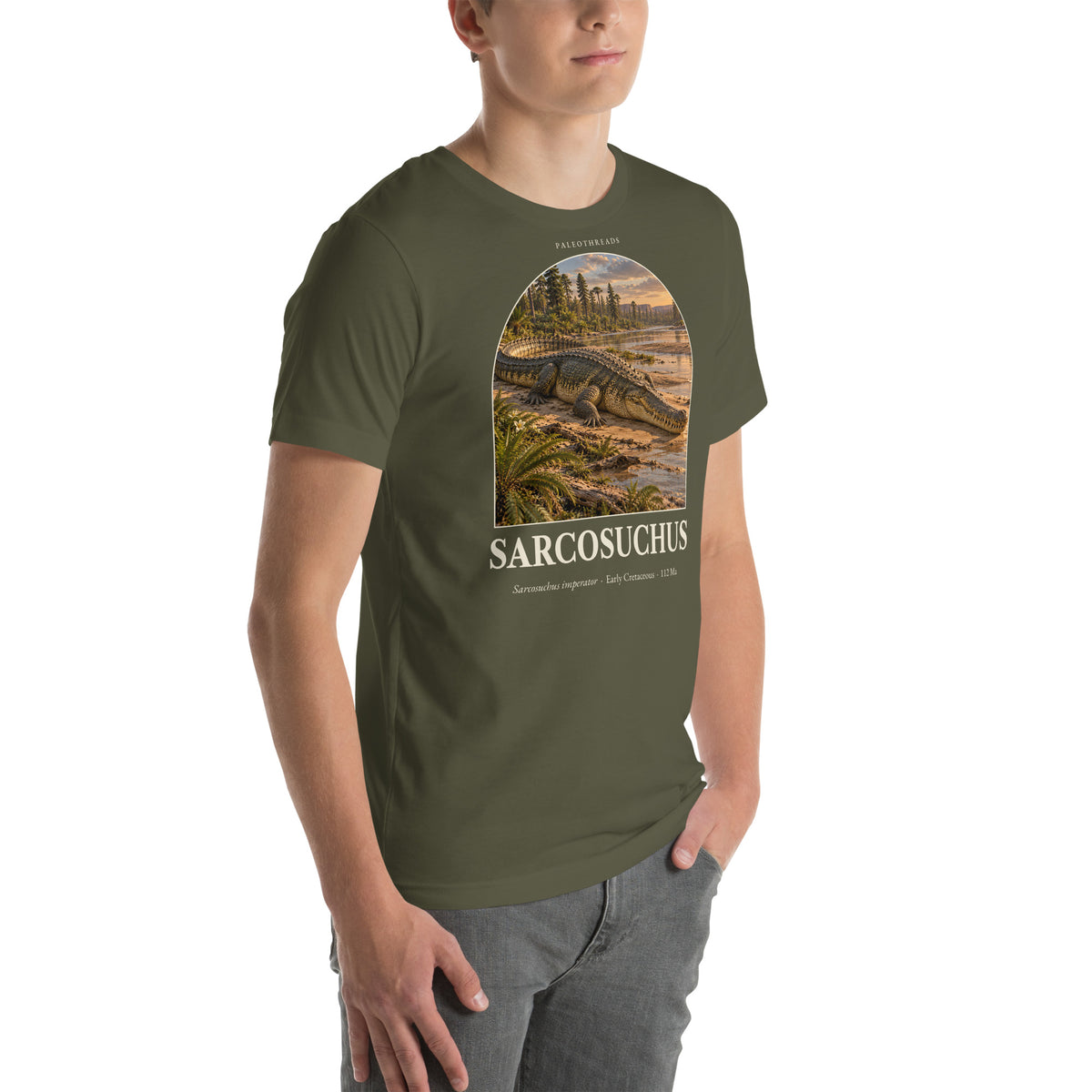 Sarcosuchus T-shirt in Military Green, right front view — Deep Time Atlas Plate 124, PaleoThreads