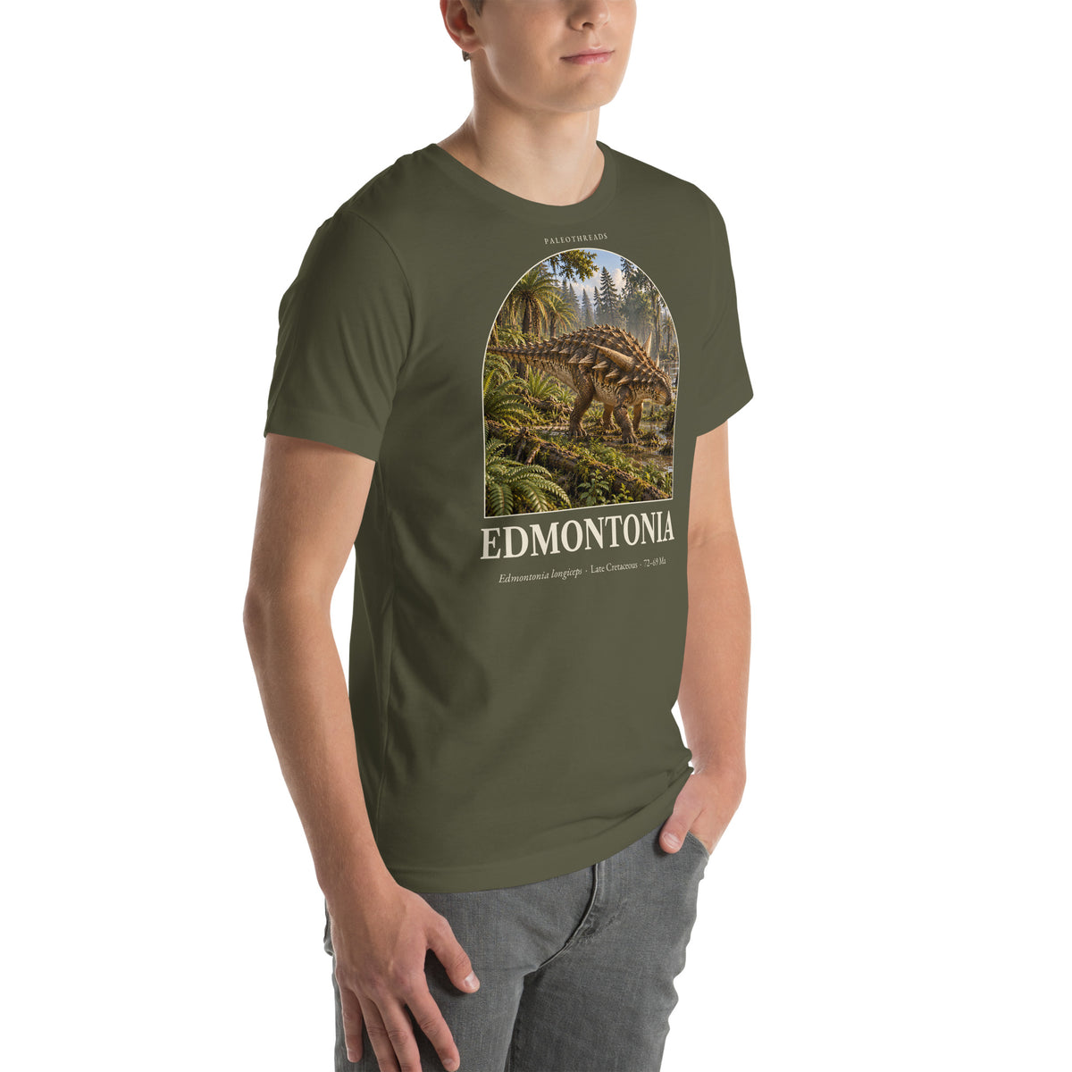 Edmontonia T-shirt in Military Green, right front view — Deep Time Atlas Plate 090, PaleoThreads