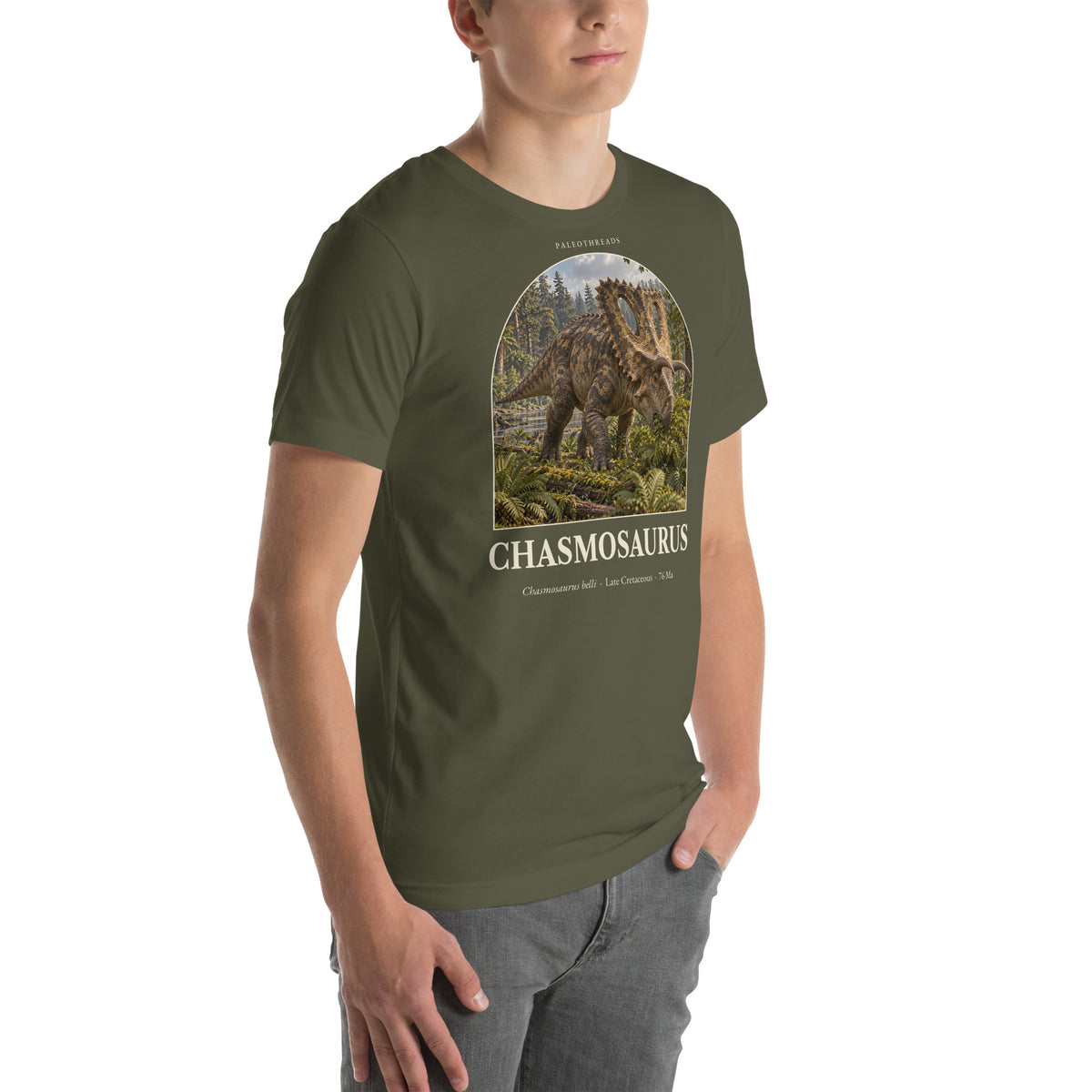 Chasmosaurus T-shirt in Military Green, right front view — Deep Time Atlas Plate 063, PaleoThreads