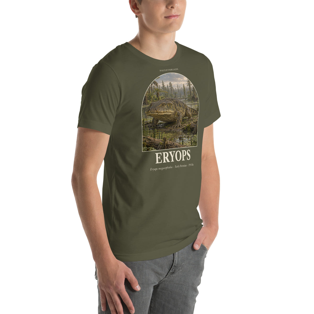 Eryops T-shirt in Military Green, right front view — Deep Time Atlas Plate 146, PaleoThreads