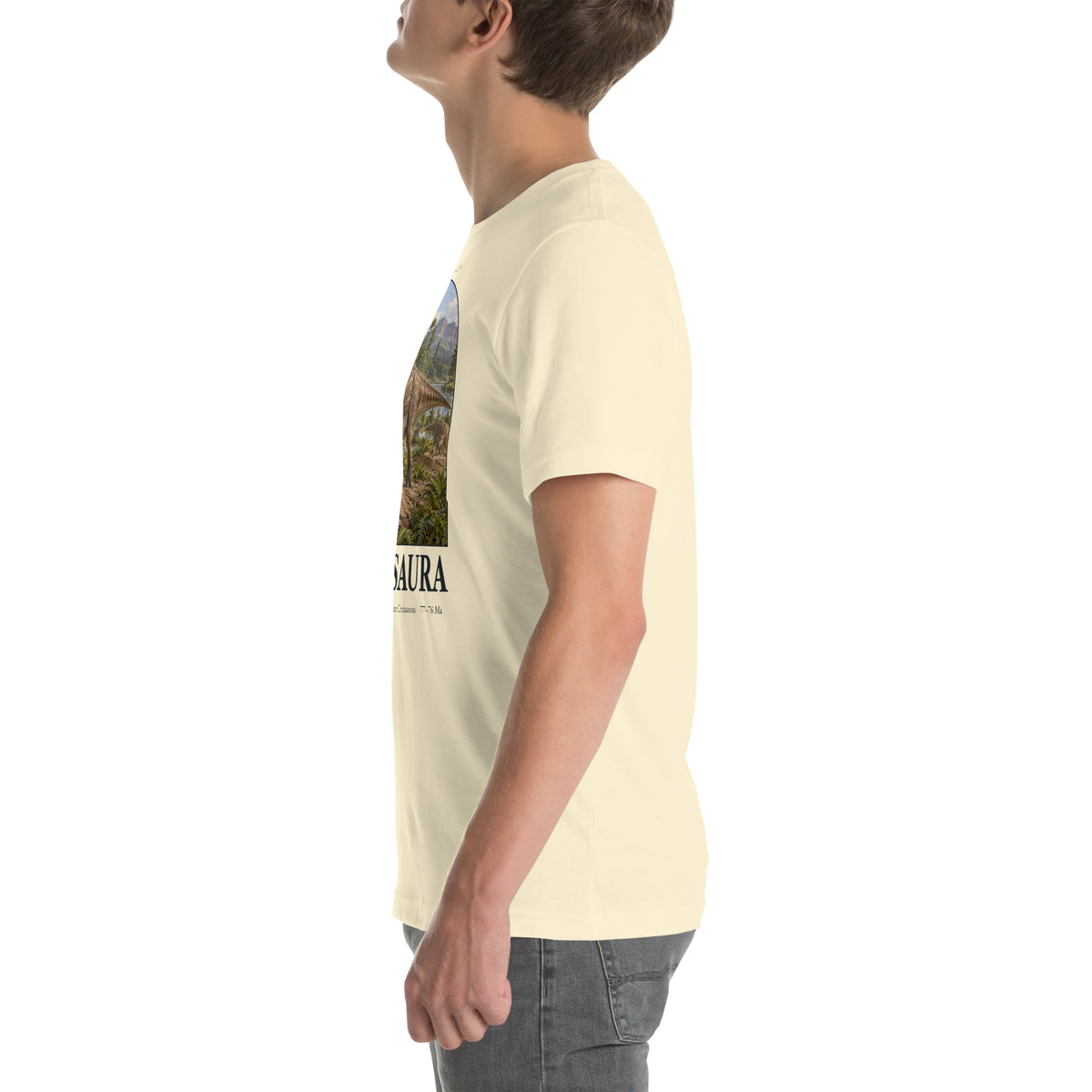 Maiasaura T-shirt in Natural, left view — Deep Time Atlas Plate 074, PaleoThreads