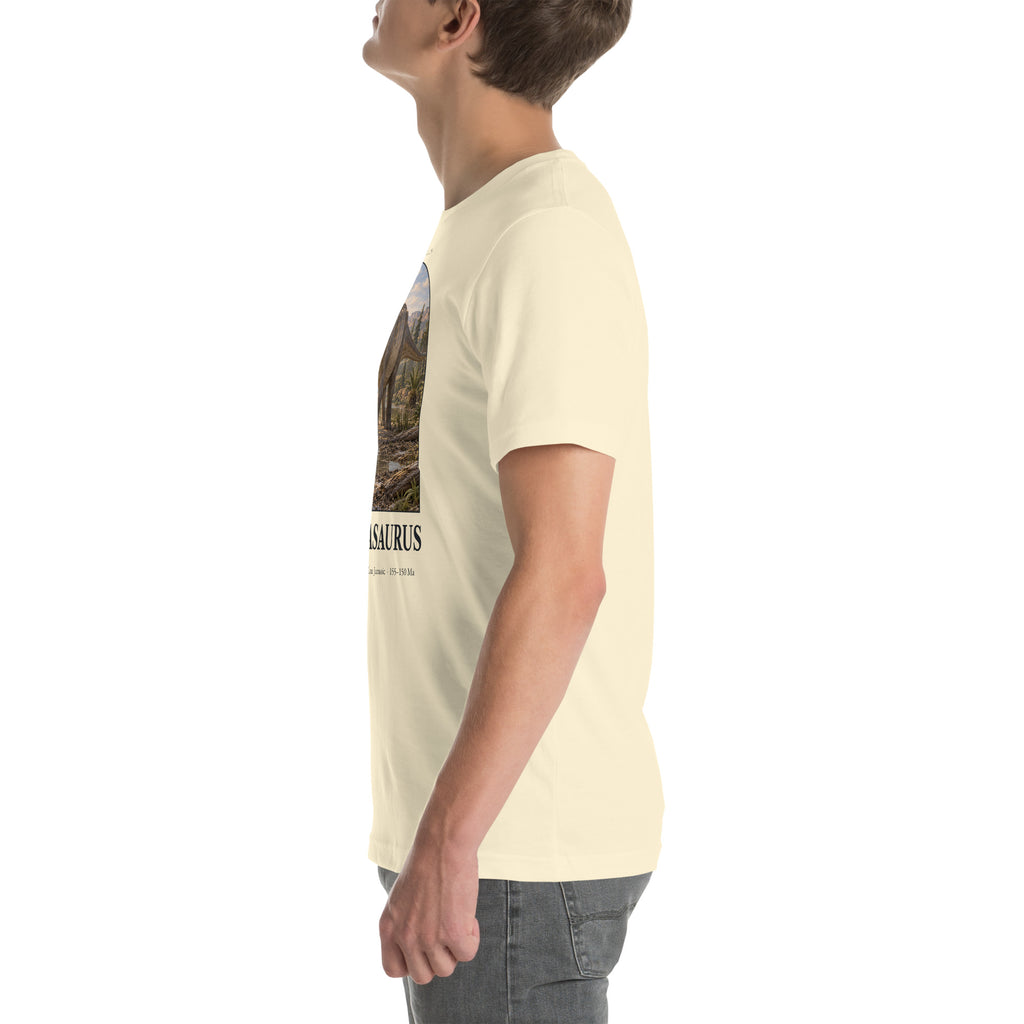 Camarasaurus T-shirt in Natural, left view — Deep Time Atlas Plate 050, PaleoThreads