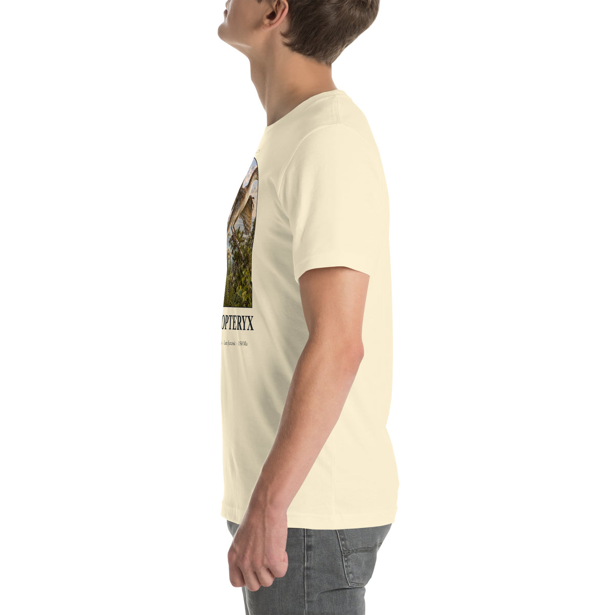 Archaeopteryx T-shirt in Natural, left view — Deep Time Atlas Plate 042, PaleoThreads