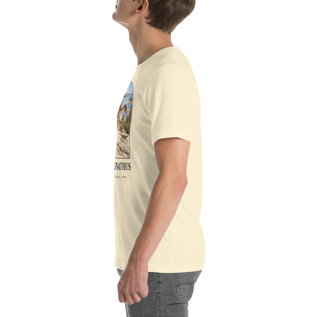 Compsognathus T-shirt in Natural, left view — Deep Time Atlas Plate 030, PaleoThreads