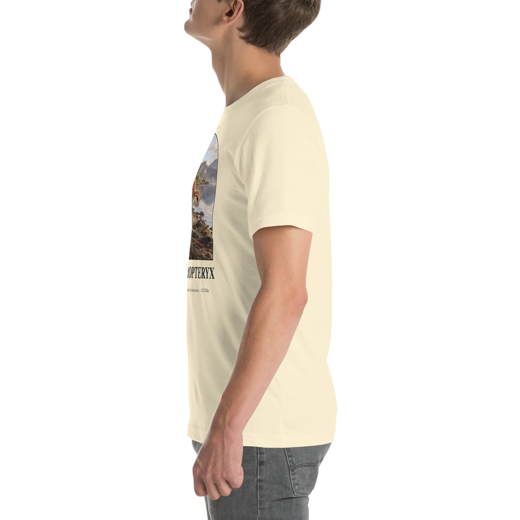 Sinosauropteryx T-shirt in Natural, left view — Deep Time Atlas Plate 027, PaleoThreads