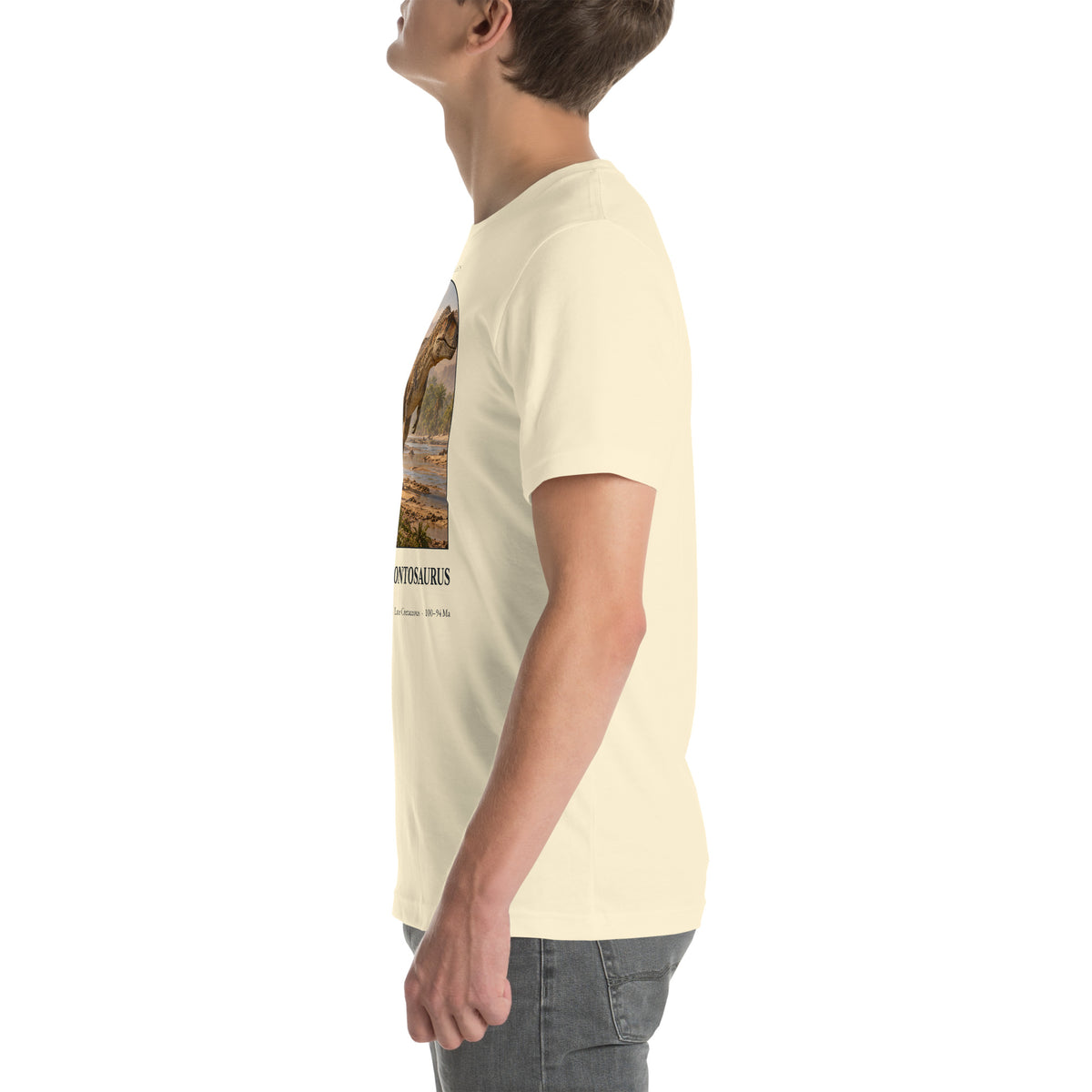 Carcharodontosaurus T-shirt in Natural, left view — Deep Time Atlas Plate 013, PaleoThreads