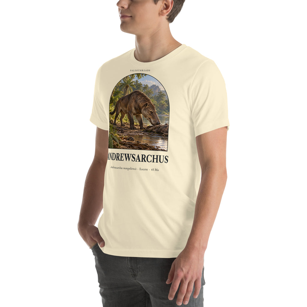 Andrewsarchus T-shirt in Natural, left front view — Deep Time Atlas Plate 164, PaleoThreads