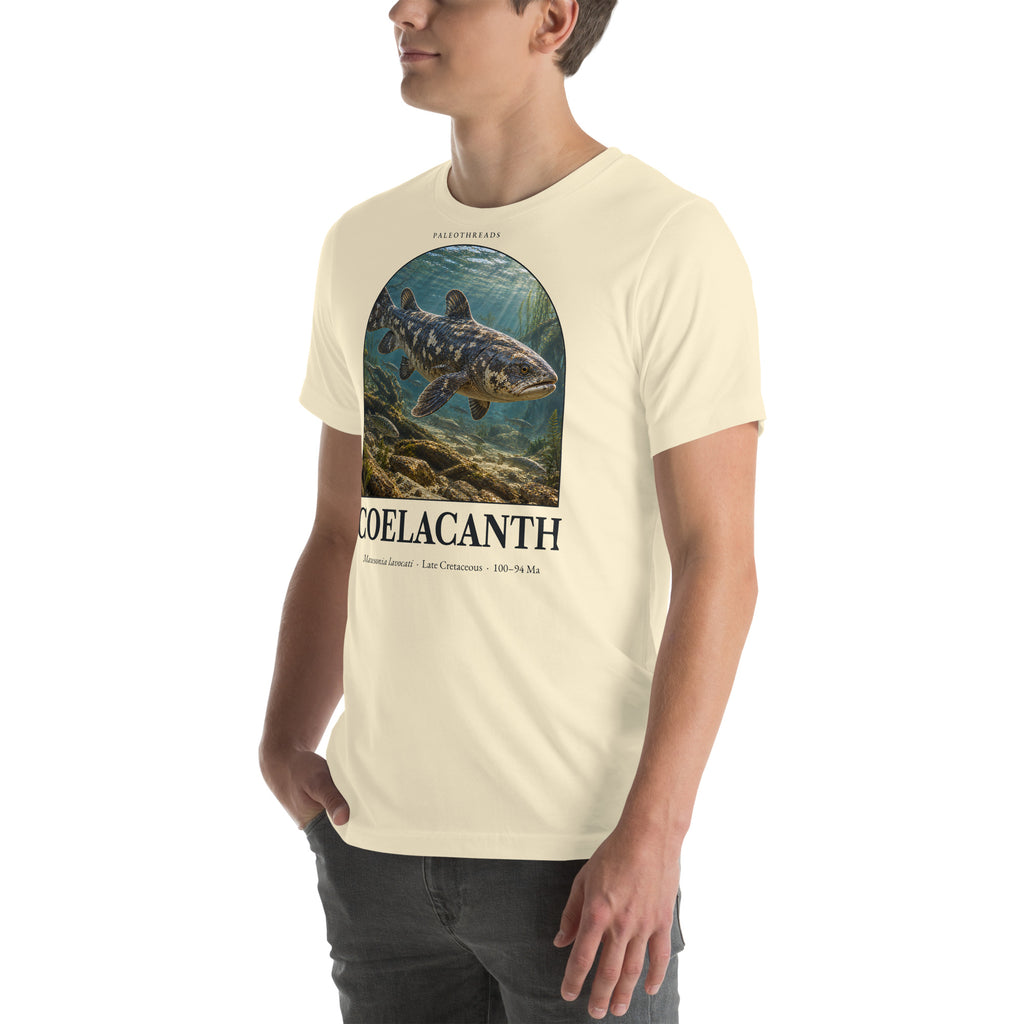 Coelacanth T-shirt in Natural, left front view — Deep Time Atlas Plate 156, PaleoThreads