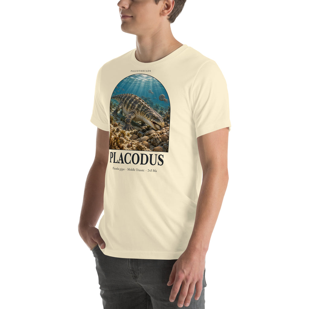 Placodus T-shirt in Natural, left front view — Deep Time Atlas Plate 115, PaleoThreads