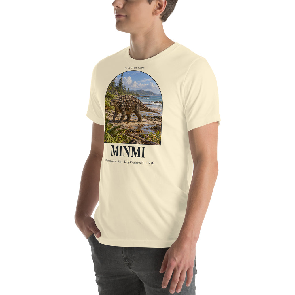 Minmi T-shirt in Natural, left front view — Deep Time Atlas Plate 093, PaleoThreads