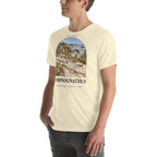 Compsognathus T-shirt in Natural, left front view — Deep Time Atlas Plate 030, PaleoThreads