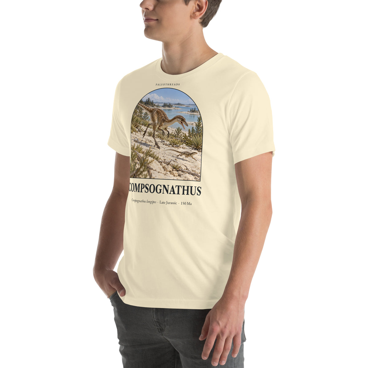 Compsognathus T-shirt in Natural, left front view — Deep Time Atlas Plate 030, PaleoThreads