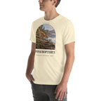 Sinosauropteryx T-shirt in Natural, left front view — Deep Time Atlas Plate 027, PaleoThreads