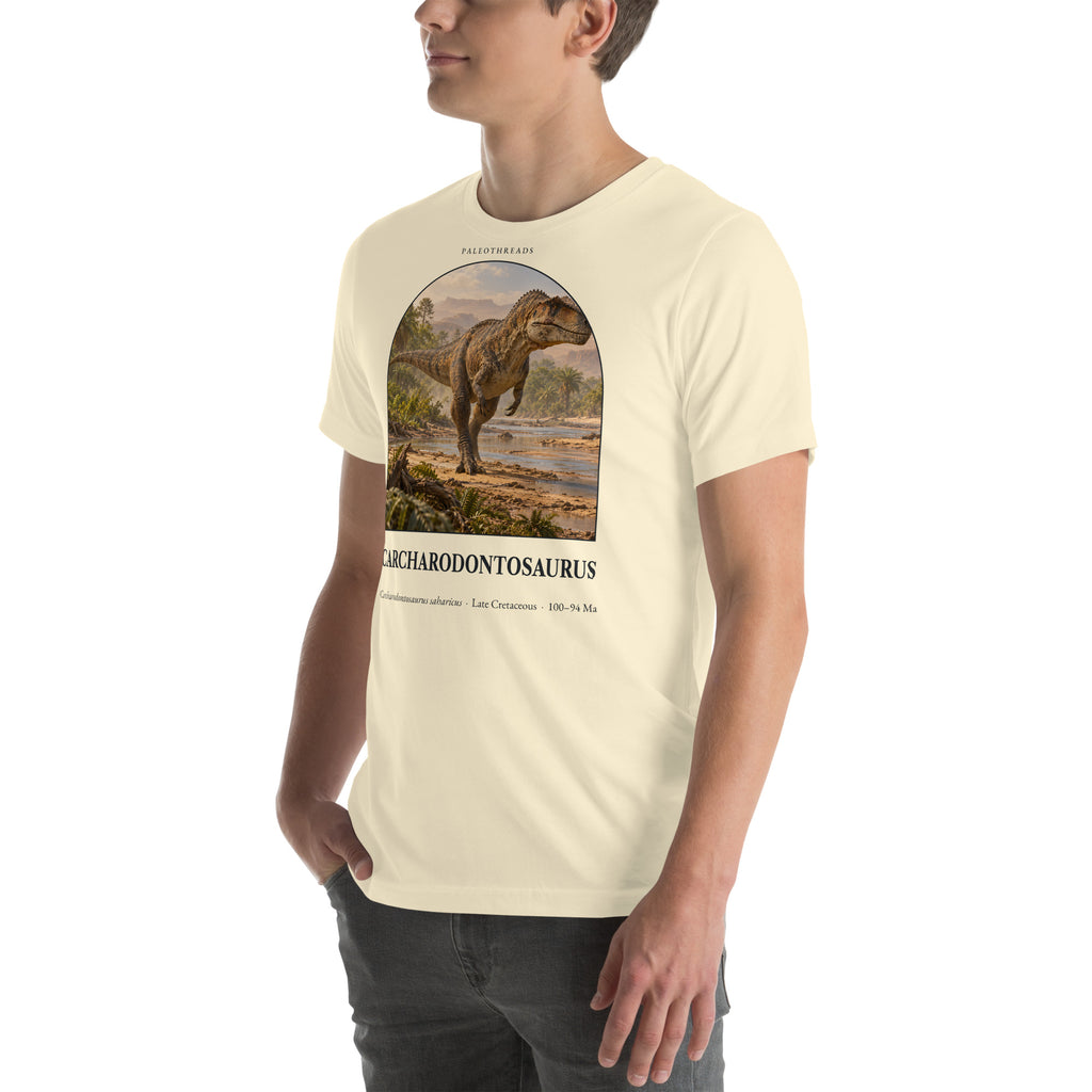 Carcharodontosaurus T-shirt in Natural, left front view — Deep Time Atlas Plate 013, PaleoThreads