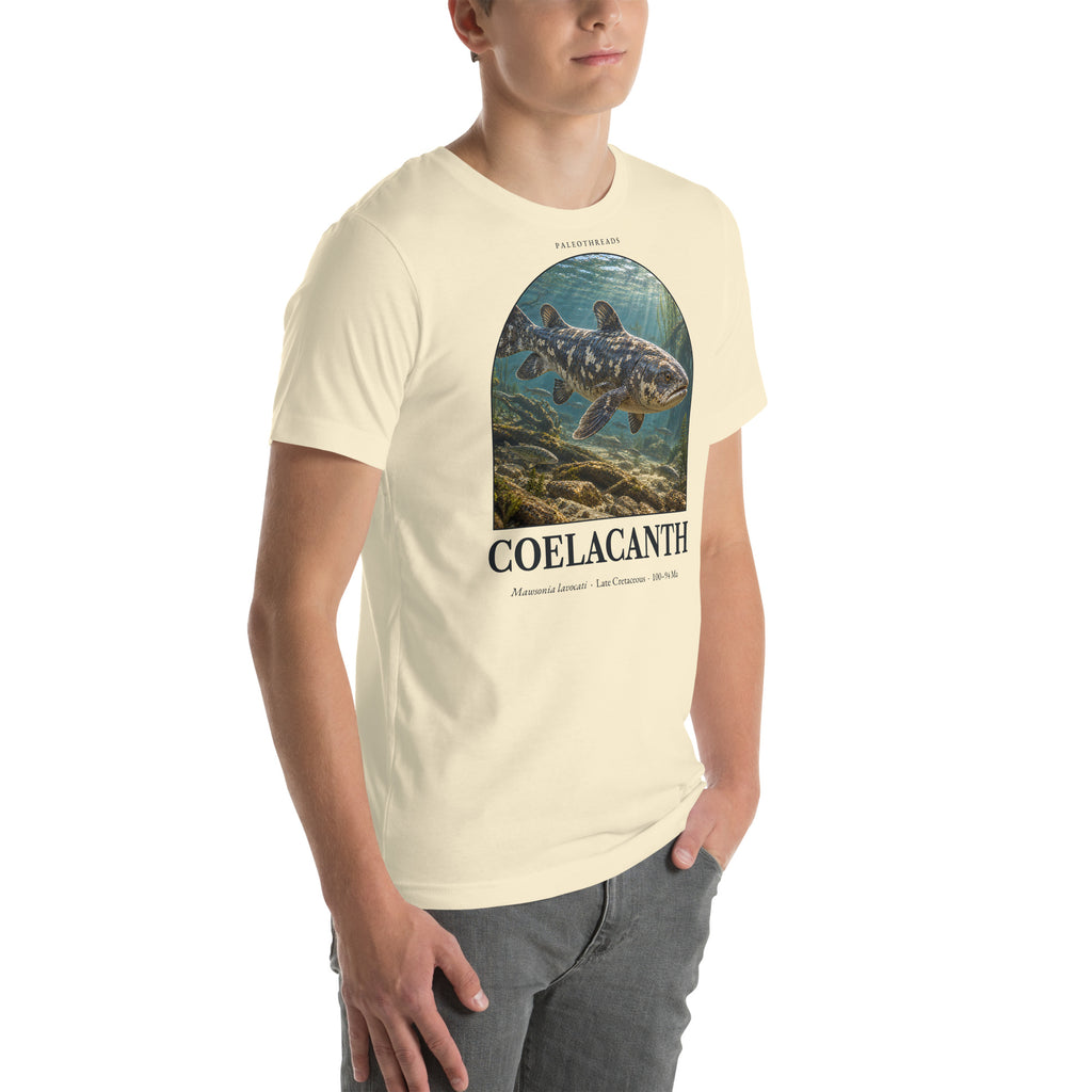 Coelacanth T-shirt in Natural, right front view — Deep Time Atlas Plate 156, PaleoThreads
