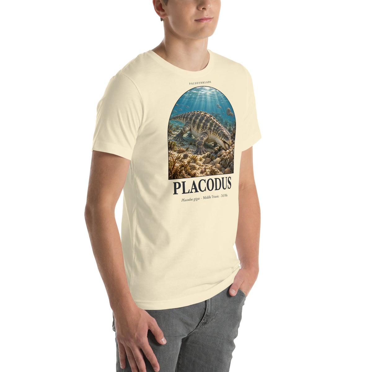 Placodus T-shirt in Natural, right front view — Deep Time Atlas Plate 115, PaleoThreads